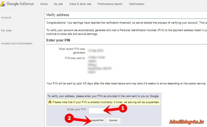 Submit  Adsense PIN