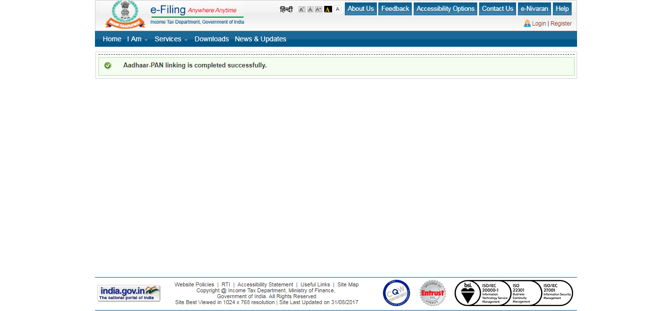Sucessfully Linked Aadhaar With PAN