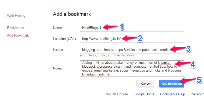 Google add a bookmarks