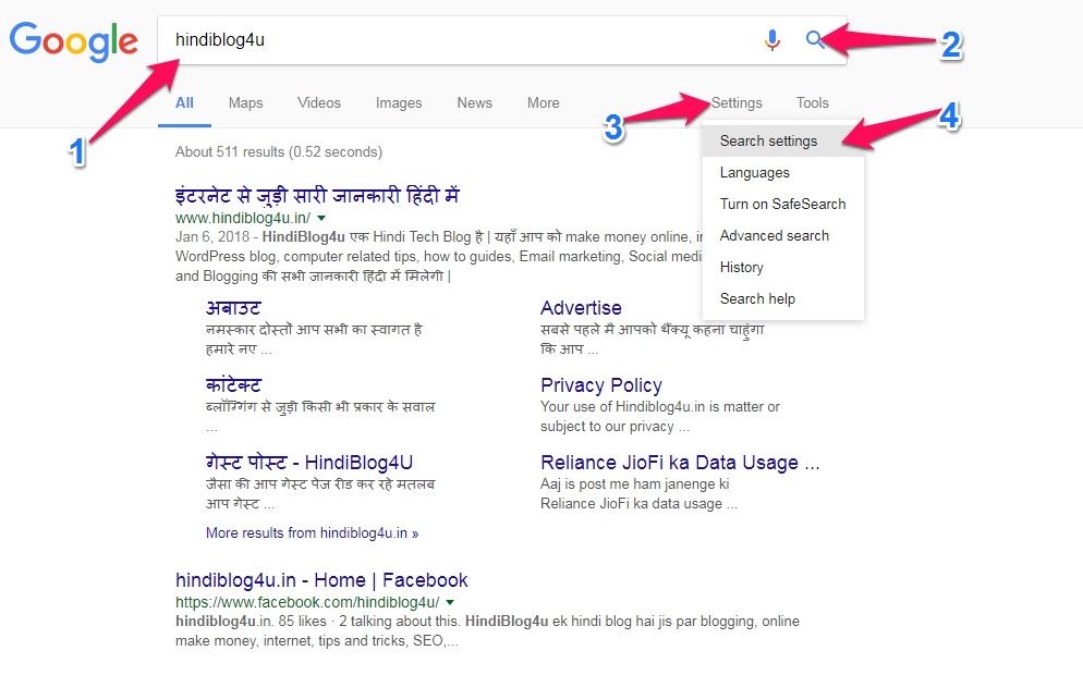 Google search results settings