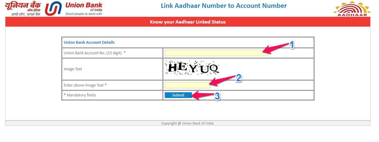 UBI bank account and aadhaar link status
